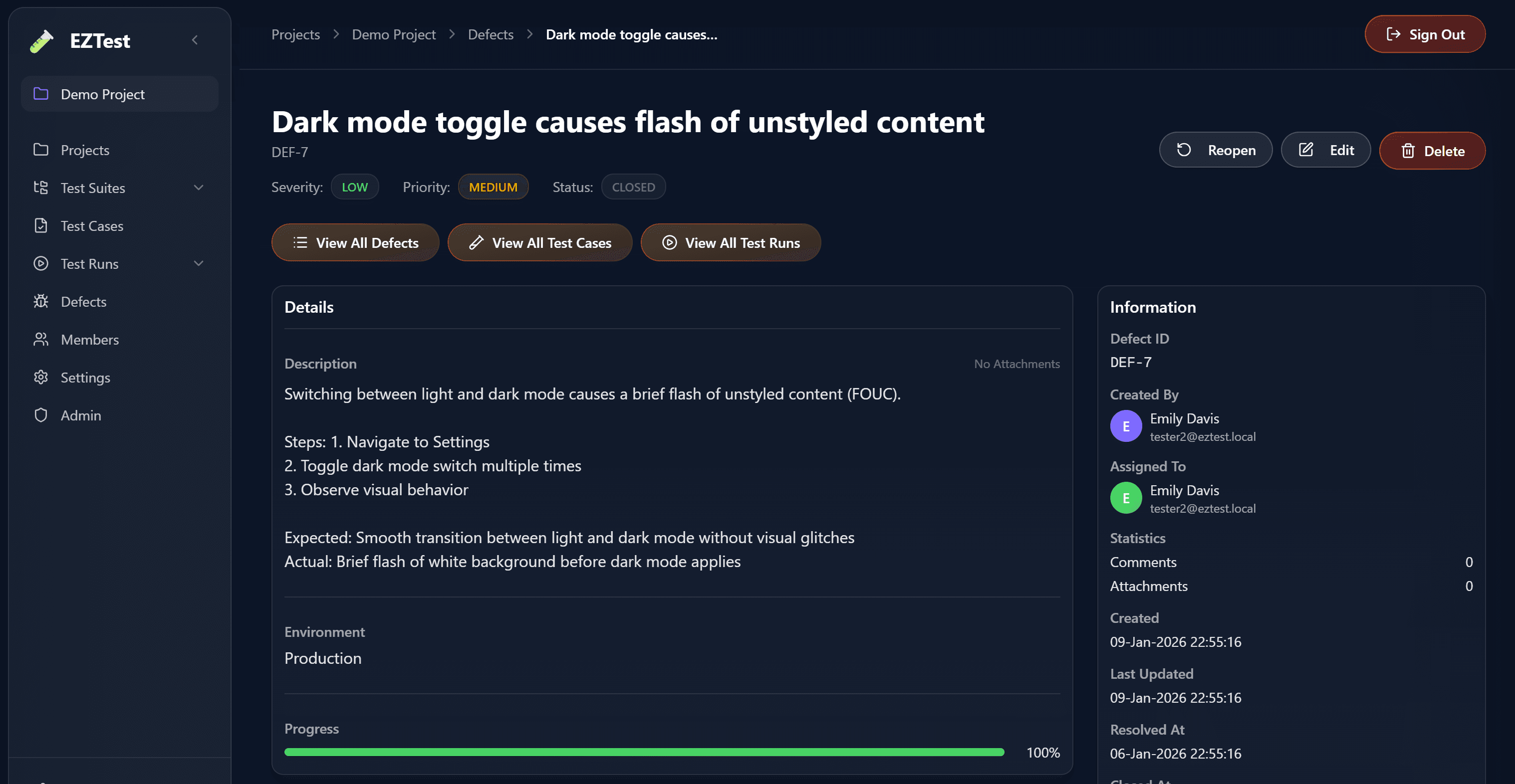 EZTest defect management dashboard