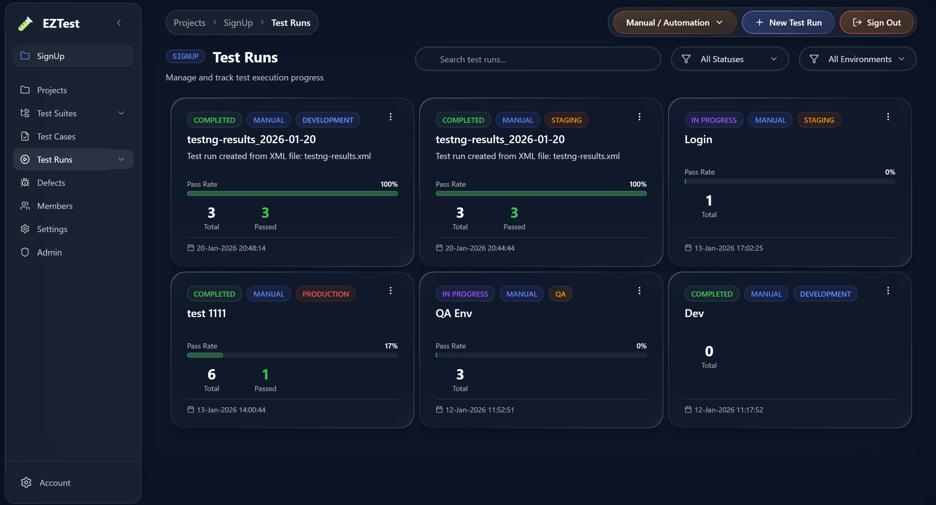 EZTest manual & automation testing dashboard
