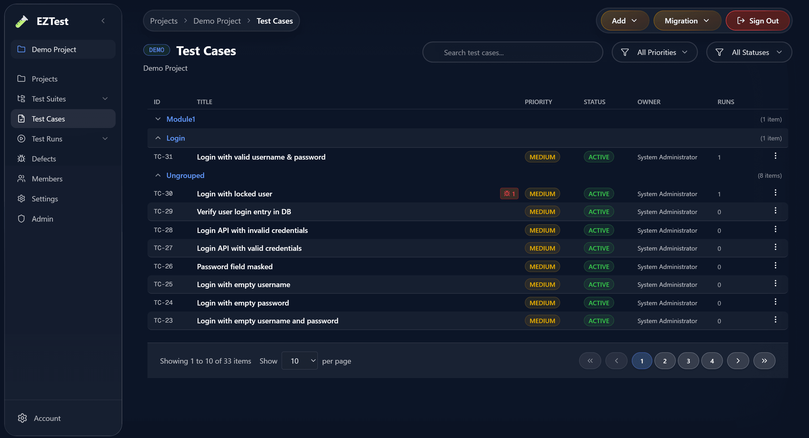 EZTest Test Cases screen