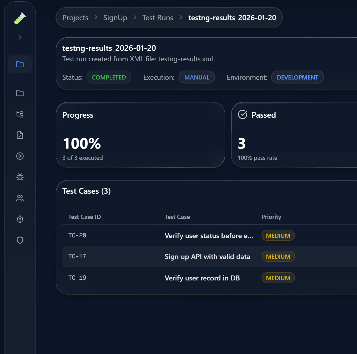 EZTest test run results dashboard